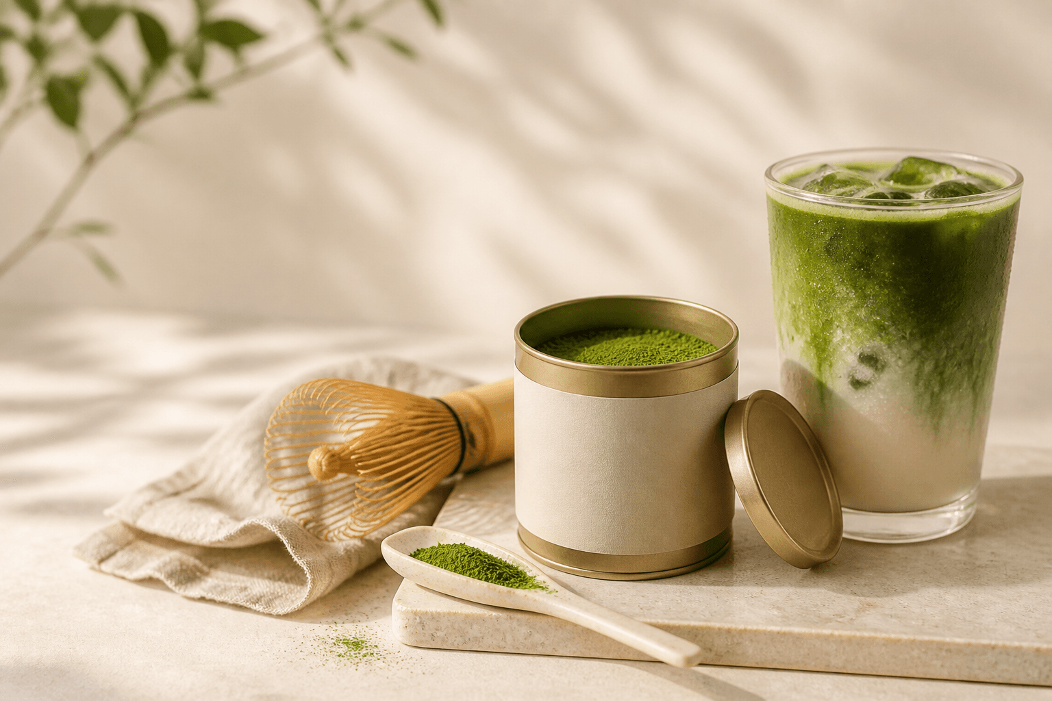 Matcha powder tin, bamboo whisk, and iced matcha latte for making Oh! Cha matcha at home