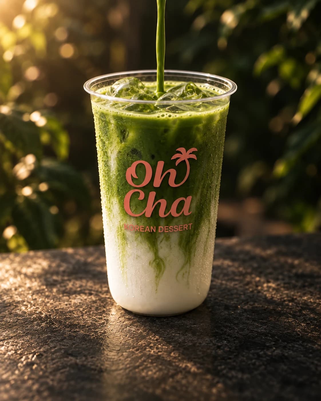 Matcha pouring into a rounded Oh! Cha cup in warm cinematic light