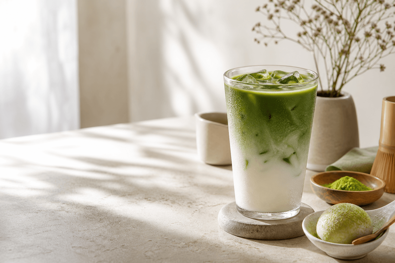 Iced matcha latte with soft dessert accents at Oh! Cha