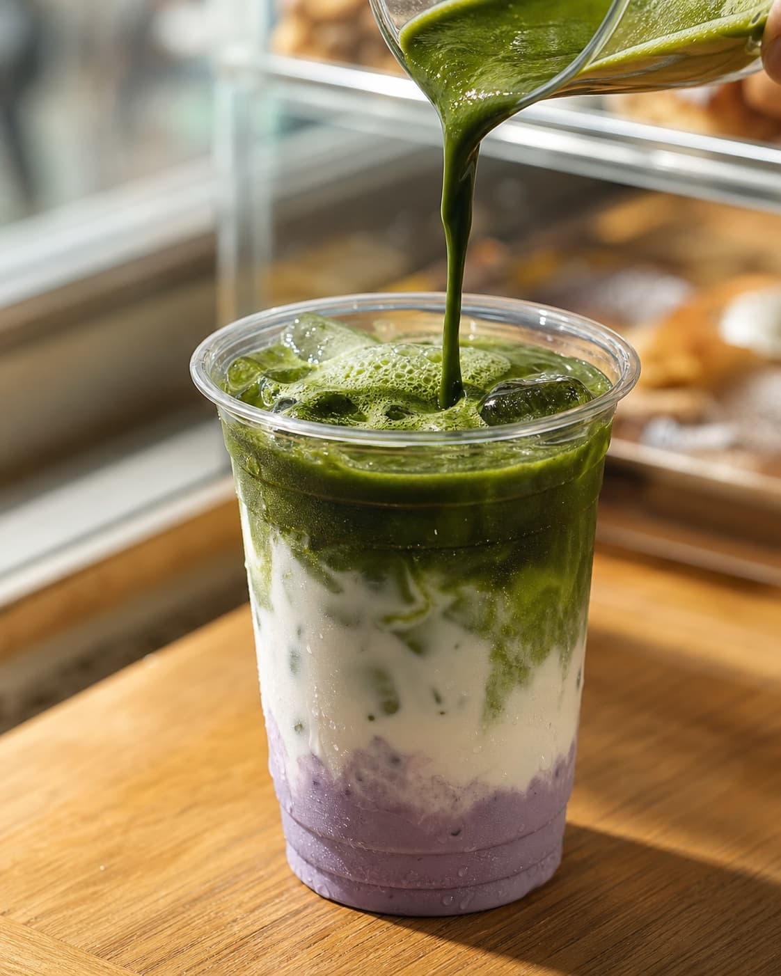 Matcha poured over a layered iced drink at Oh! Cha